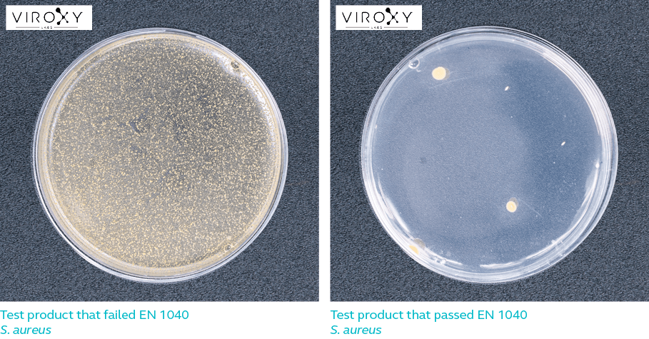 Difference between test product that pass & fail EN 1040 for S. aureus