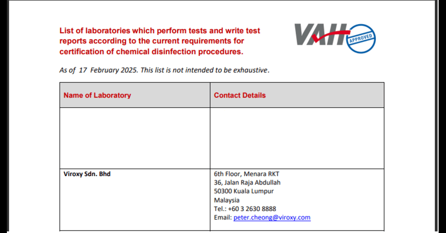 Viroxy as VAH Approved Laboratory