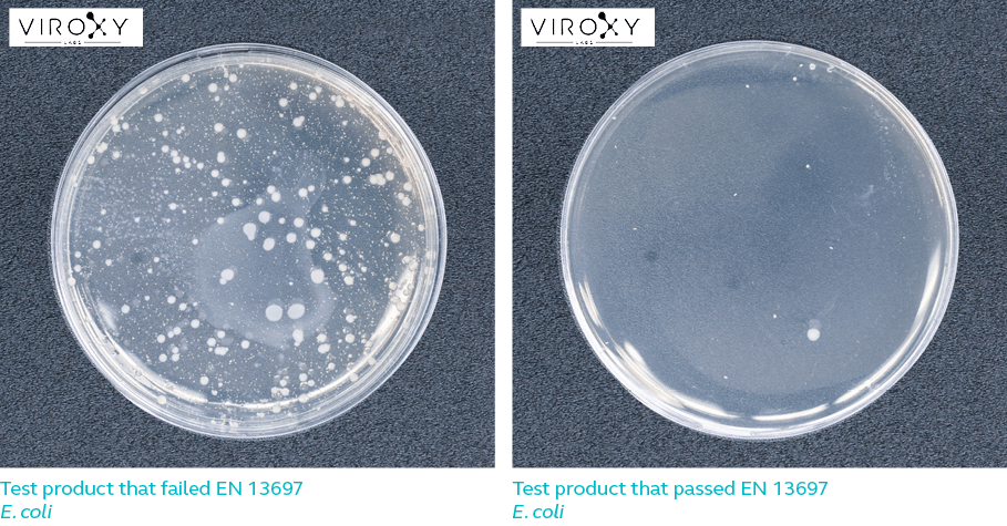Difference between test product that pass & fail EN 13697 for E. coli